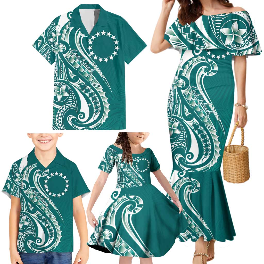Kia Orana Cook Islands Family Matching Mermaid Dress and Hawaiian Shirt Teal Plumeria Tropical Waves - Polynesian Pride