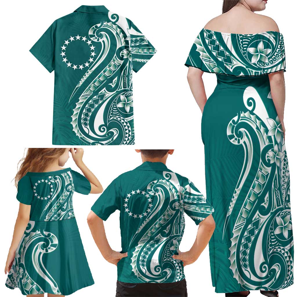 Kia Orana Cook Islands Family Matching Off Shoulder Maxi Dress and Hawaiian Shirt Teal Plumeria Tropical Waves - Polynesian Pride