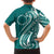 Kia Orana Cook Islands Family Matching Off Shoulder Short Dress and Hawaiian Shirt Teal Plumeria Tropical Waves - Polynesian Pride