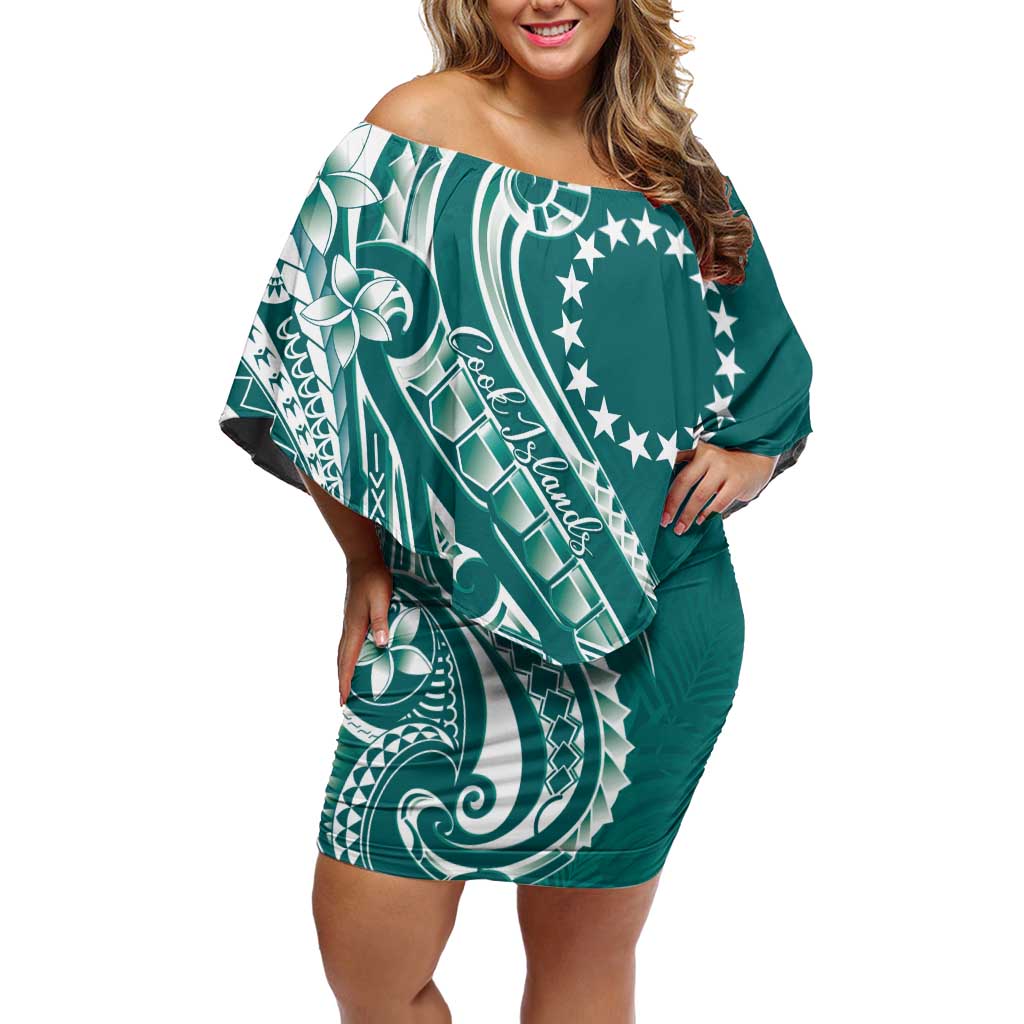 Kia Orana Cook Islands Family Matching Off Shoulder Short Dress and Hawaiian Shirt Teal Plumeria Tropical Waves - Polynesian Pride