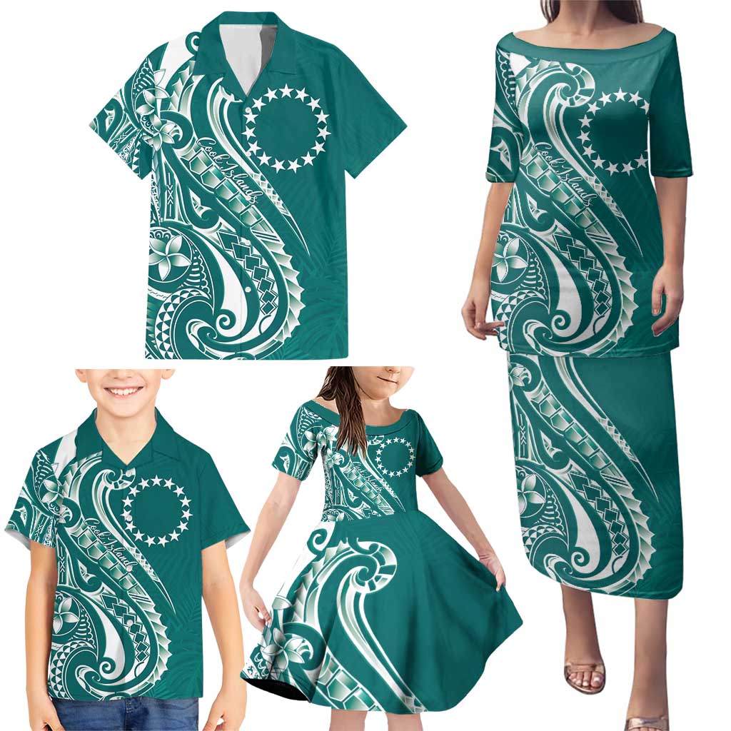 Kia Orana Cook Islands Family Matching Puletasi and Hawaiian Shirt Teal Plumeria Tropical Waves - Polynesian Pride