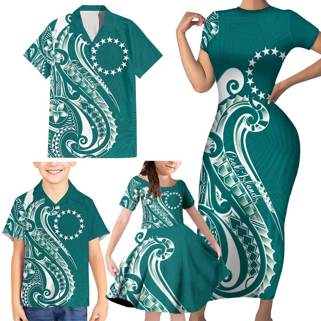 Kia Orana Cook Islands Family Matching Short Sleeve Bodycon Dress and Hawaiian Shirt Teal Plumeria Tropical Waves - Polynesian Pride
