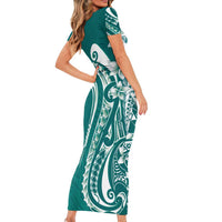 Kia Orana Cook Islands Family Matching Short Sleeve Bodycon Dress and Hawaiian Shirt Teal Plumeria Tropical Waves - Polynesian Pride