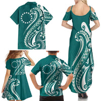 Kia Orana Cook Islands Family Matching Summer Maxi Dress and Hawaiian Shirt Teal Plumeria Tropical Waves - Polynesian Pride