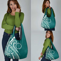 Kia Orana Cook Islands Grocery Bag Teal Plumeria Tropical Waves - Polynesian Pride