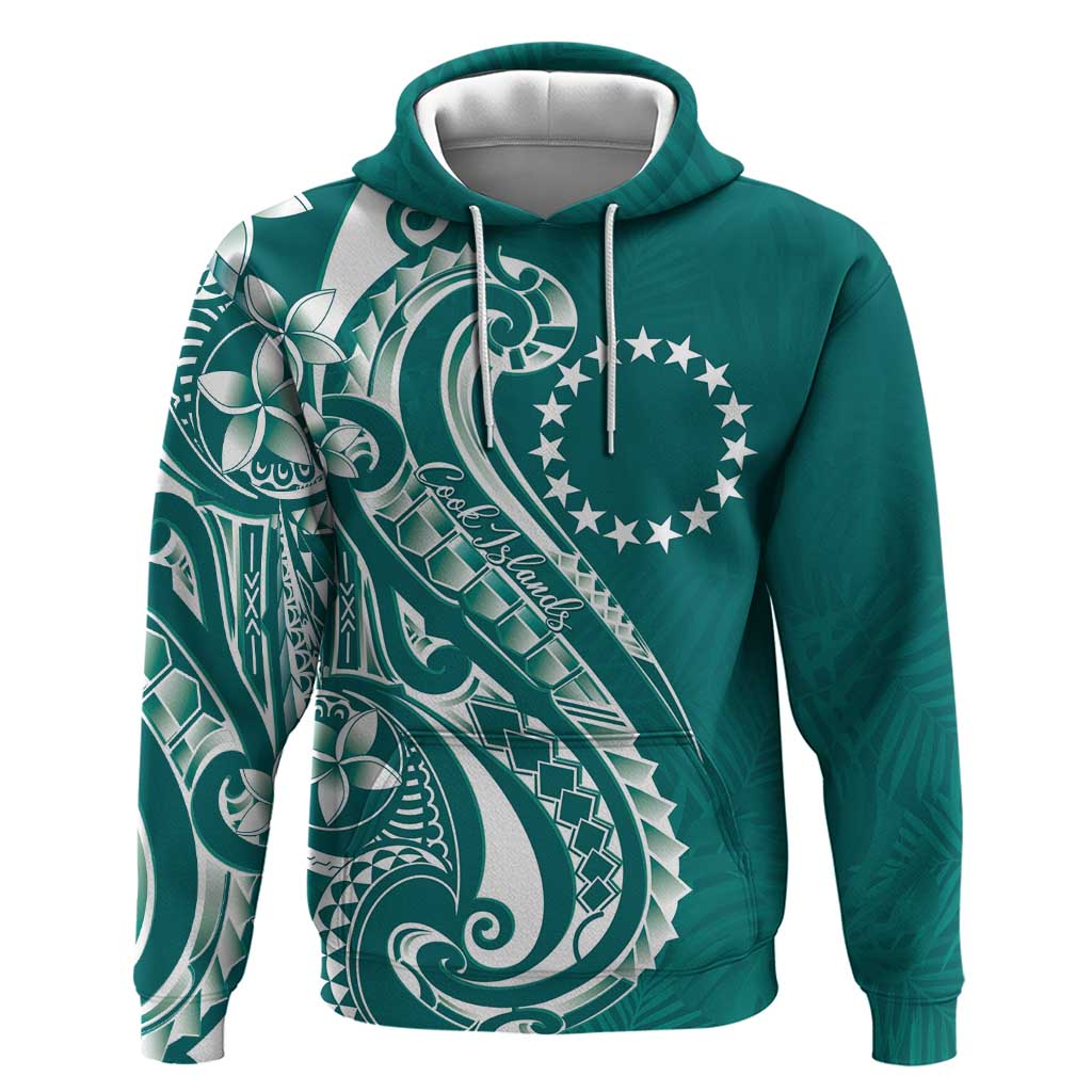 Kia Orana Cook Islands Hoodie Teal Plumeria Tropical Waves - Polynesian Pride