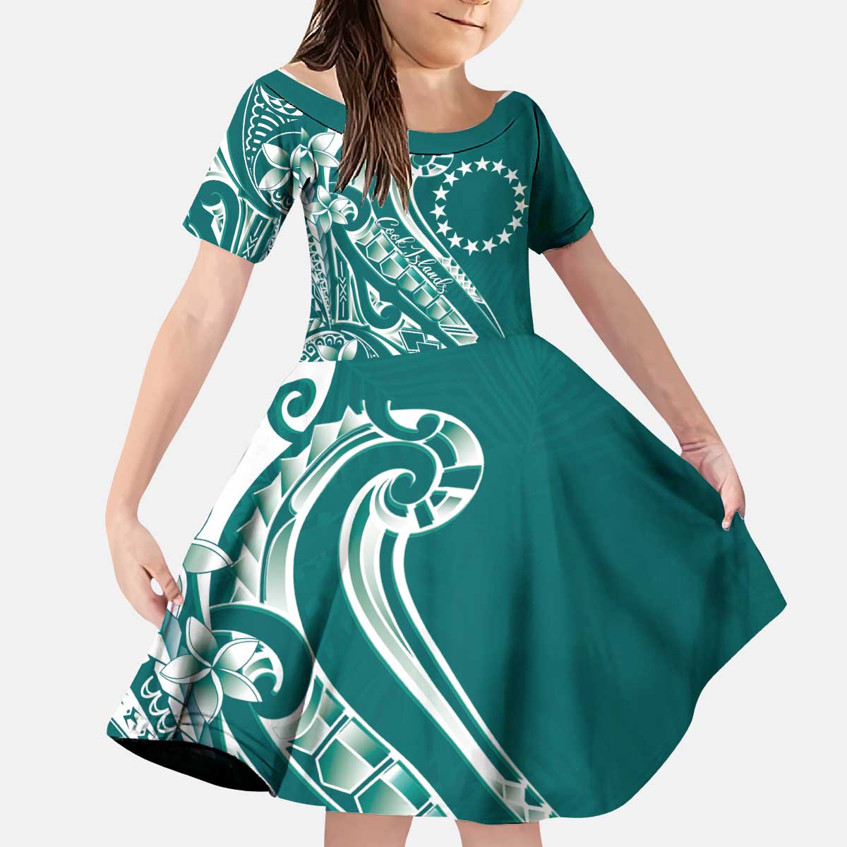 Kia Orana Cook Islands Kid Short Sleeve Dress Teal Plumeria Tropical Waves - Polynesian Pride