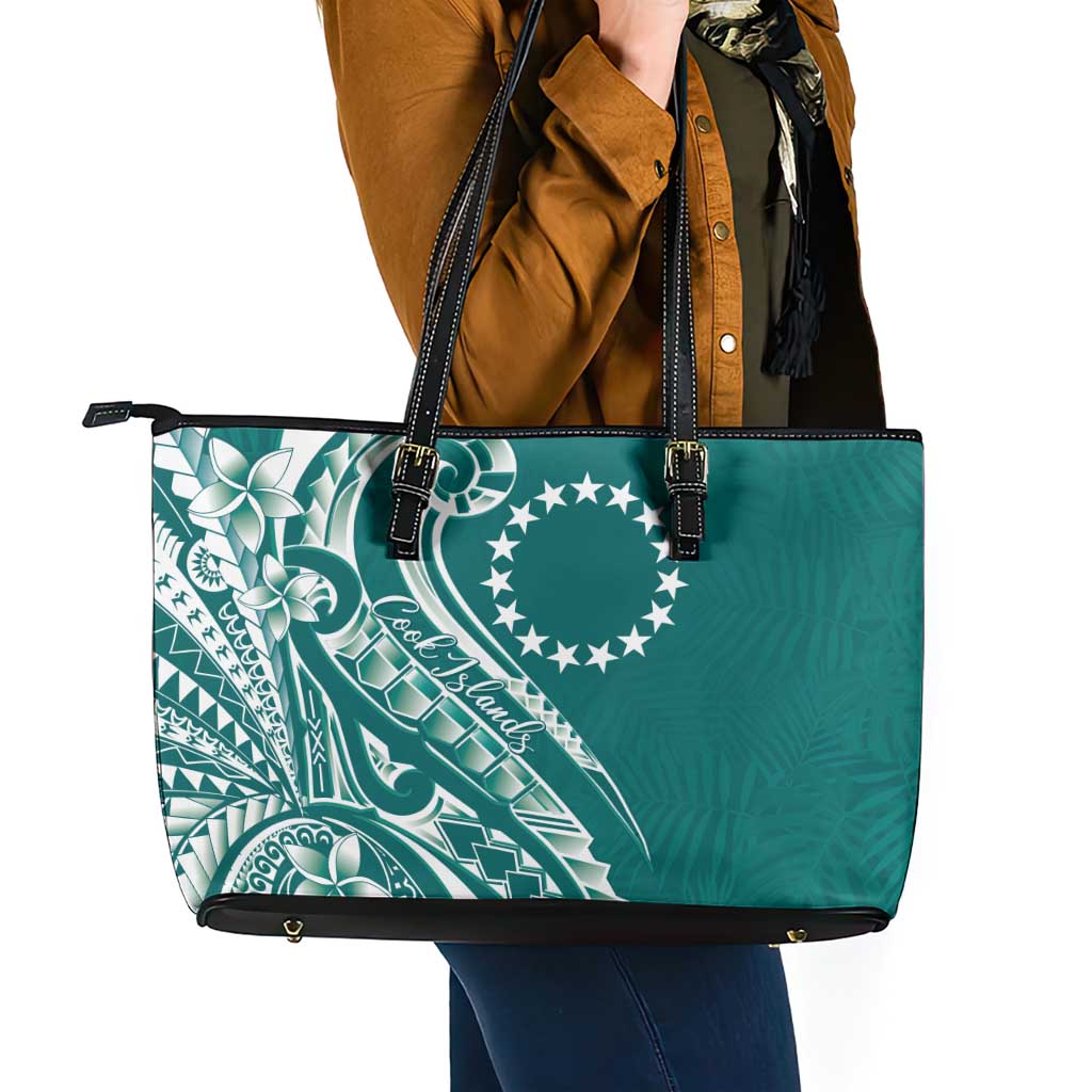 Kia Orana Cook Islands Leather Tote Bag Teal Plumeria Tropical Waves - Polynesian Pride