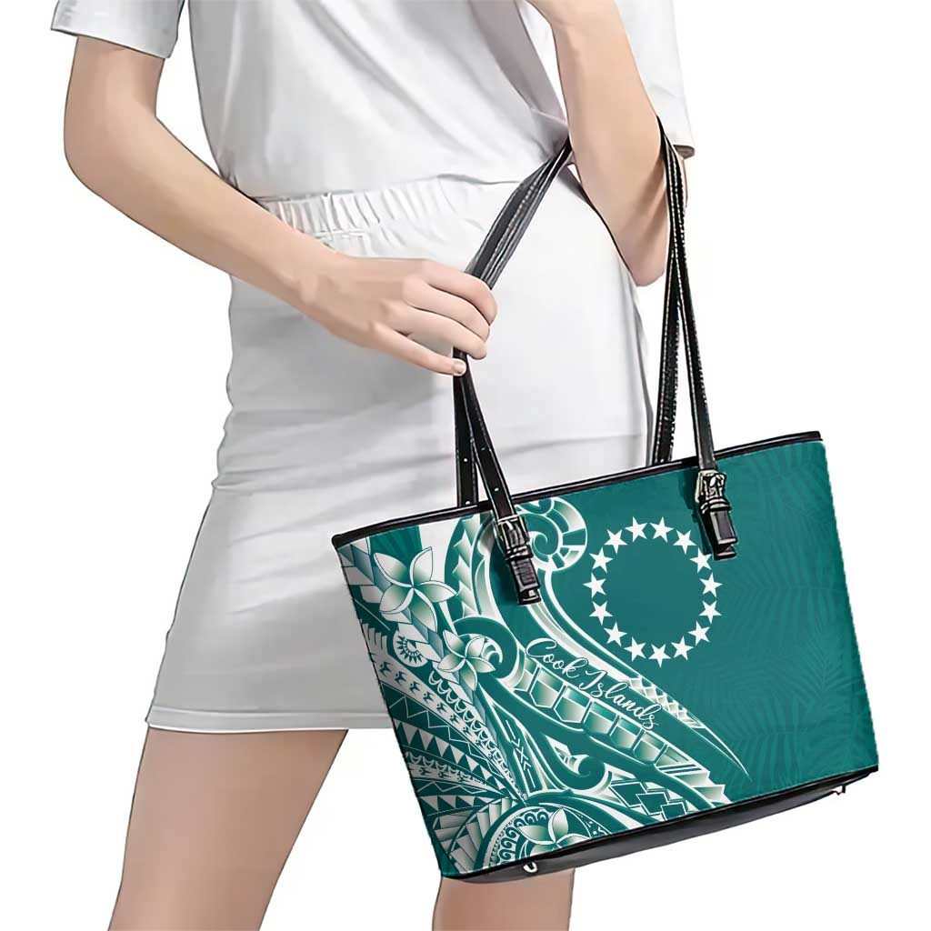 Kia Orana Cook Islands Leather Tote Bag Teal Plumeria Tropical Waves - Polynesian Pride