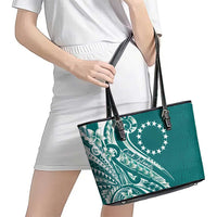 Kia Orana Cook Islands Leather Tote Bag Teal Plumeria Tropical Waves - Polynesian Pride