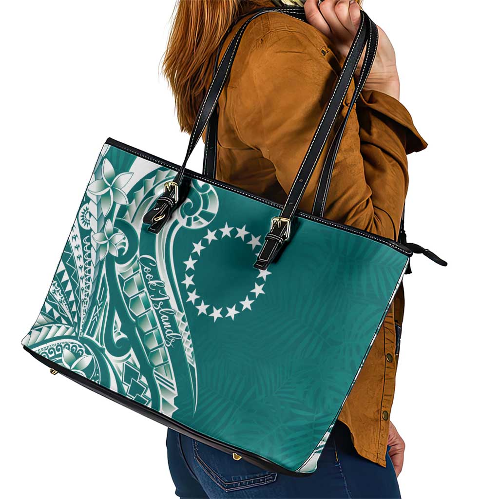 Kia Orana Cook Islands Leather Tote Bag Teal Plumeria Tropical Waves - Polynesian Pride