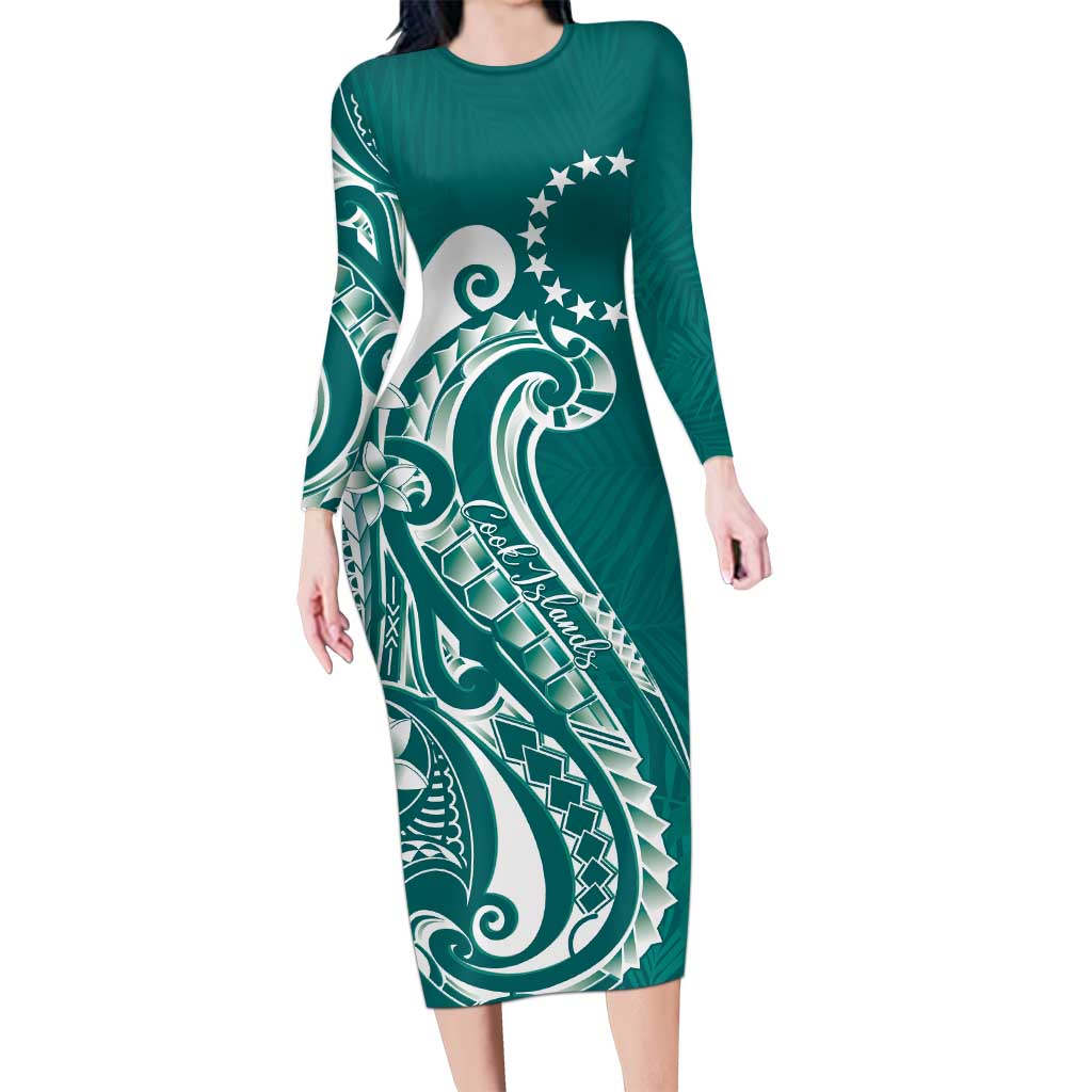 Kia Orana Cook Islands Long Sleeve Bodycon Dress Teal Plumeria Tropical  Waves