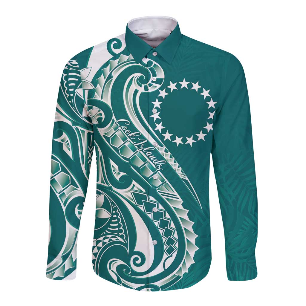 Kia Orana Cook Islands Long Sleeve Button Shirt Teal Plumeria Tropical Waves - Polynesian Pride