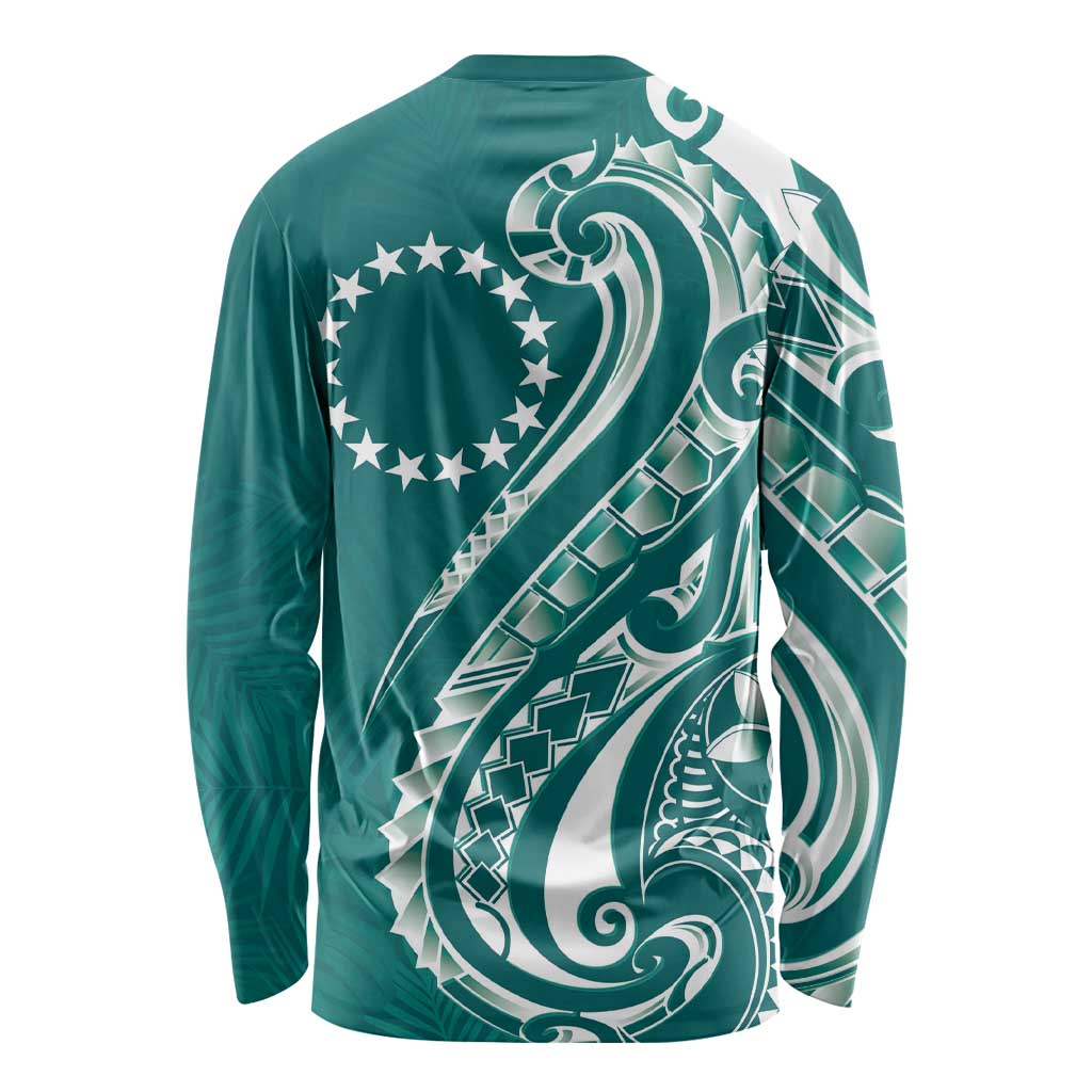 Kia Orana Cook Islands Long Sleeve Shirt Teal Plumeria Tropical Waves - Polynesian Pride