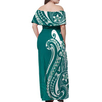 Kia Orana Cook Islands Off Shoulder Maxi Dress Teal Plumeria Tropical Waves - Polynesian Pride