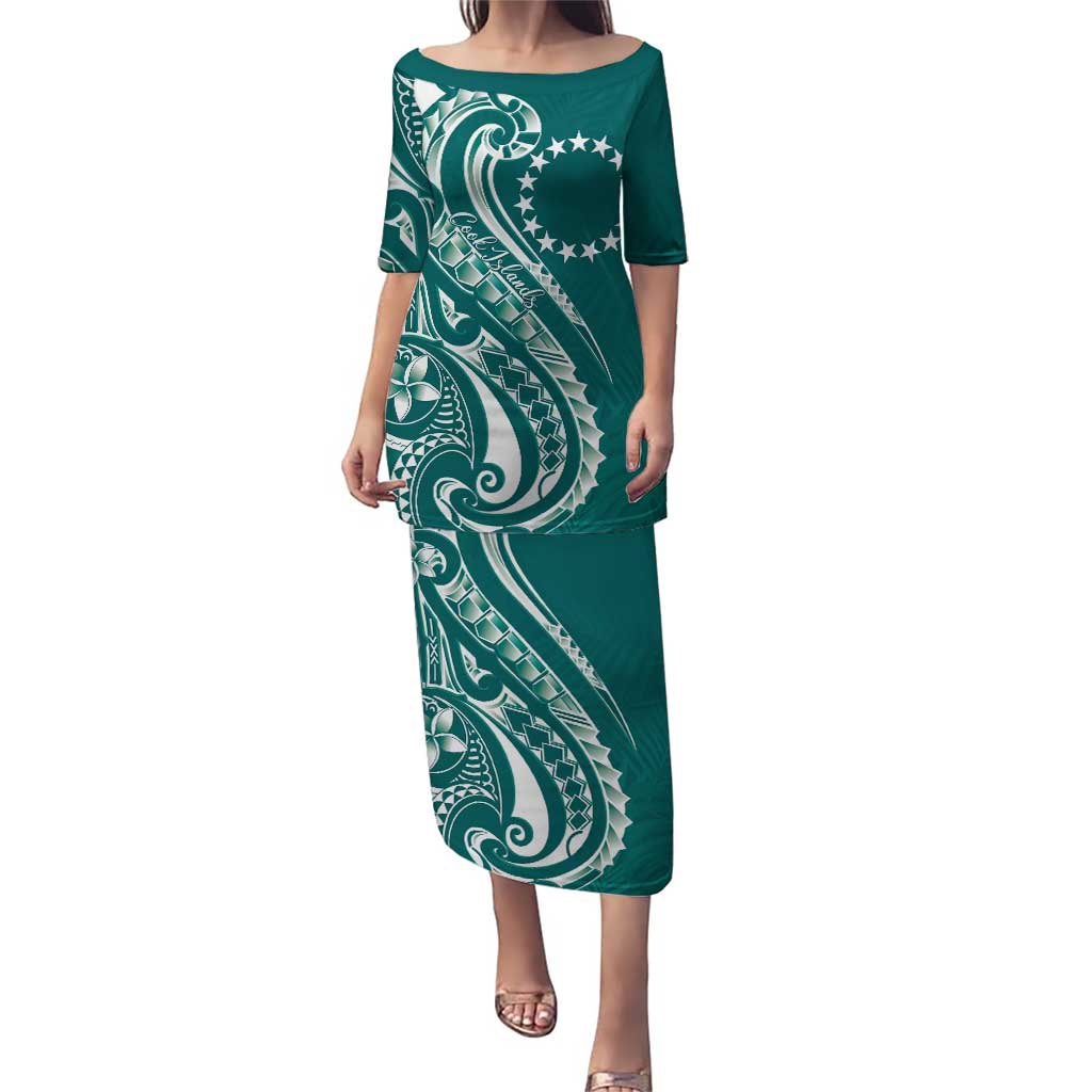 Kia Orana Cook Islands Puletasi Teal Plumeria Tropical Waves - Polynesian Pride