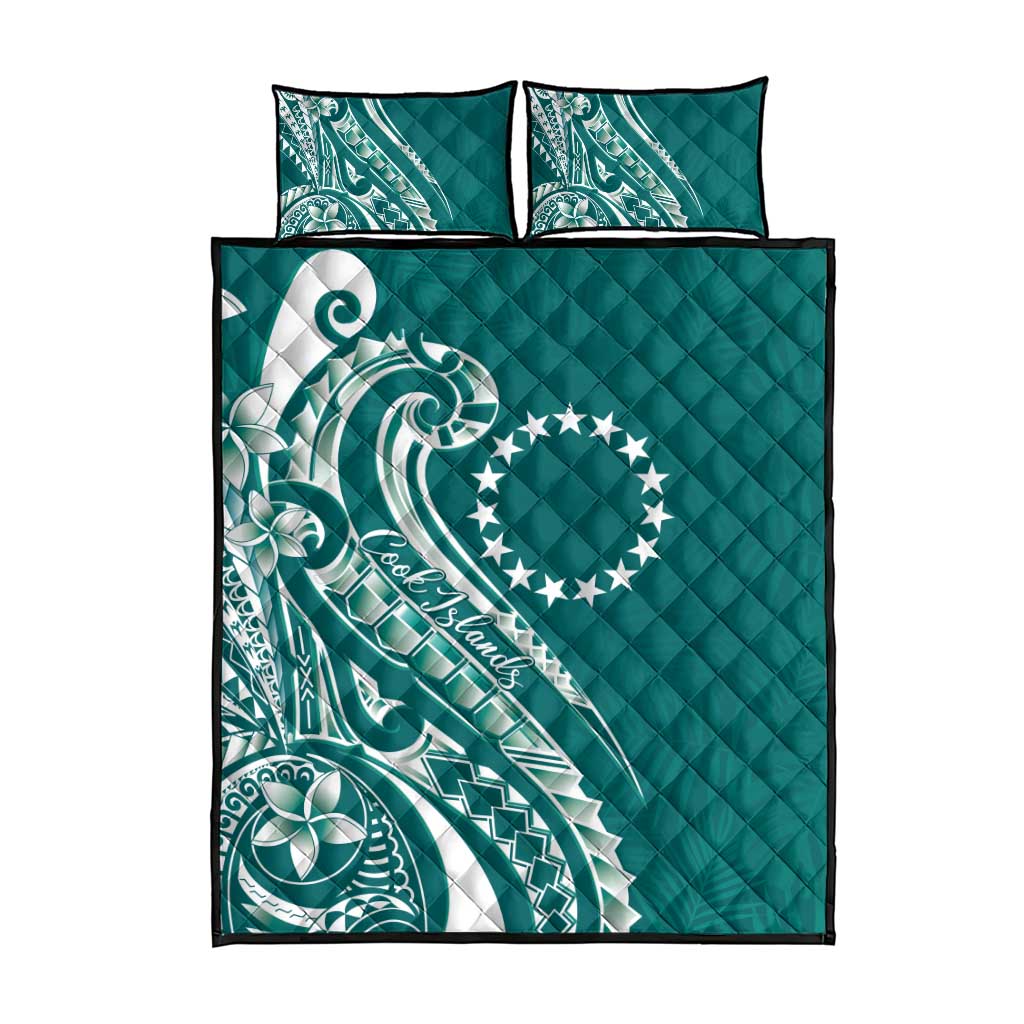 Kia Orana Cook Islands Quilt Bed Set Teal Plumeria Tropical Waves - Polynesian Pride