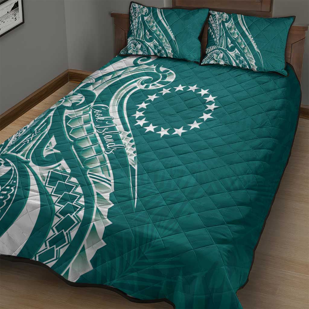 Kia Orana Cook Islands Quilt Bed Set Teal Plumeria Tropical Waves - Polynesian Pride