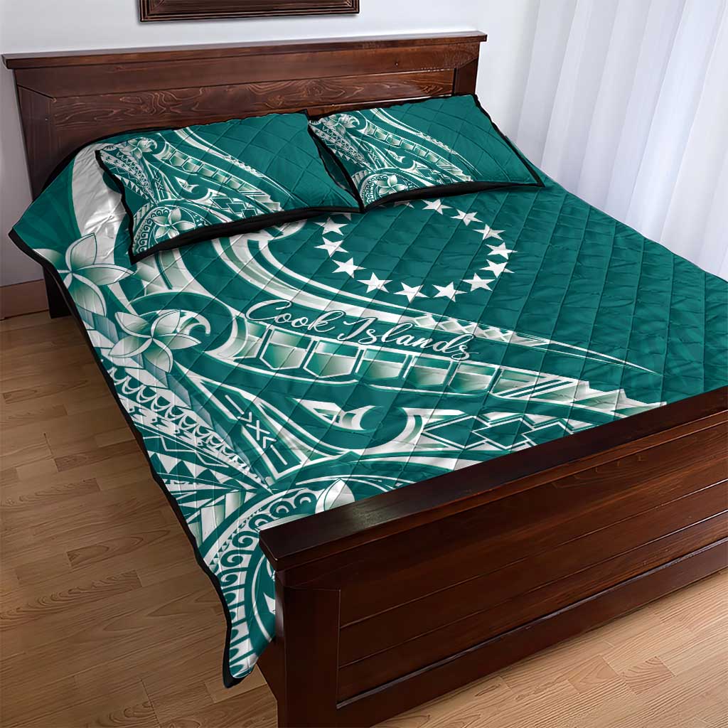 Kia Orana Cook Islands Quilt Bed Set Teal Plumeria Tropical Waves - Polynesian Pride