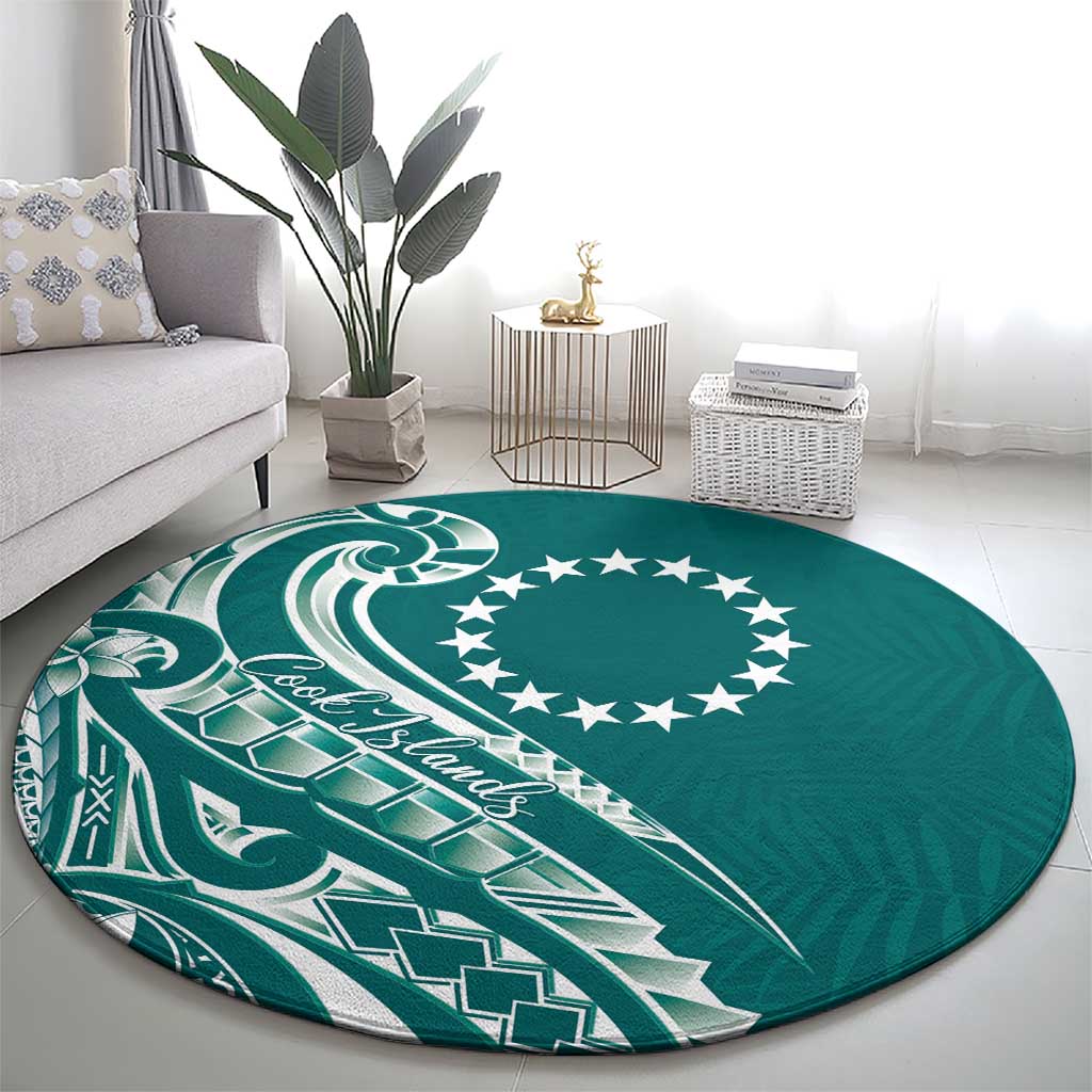Kia Orana Cook Islands Round Carpet Teal Plumeria Tropical Waves - Polynesian Pride
