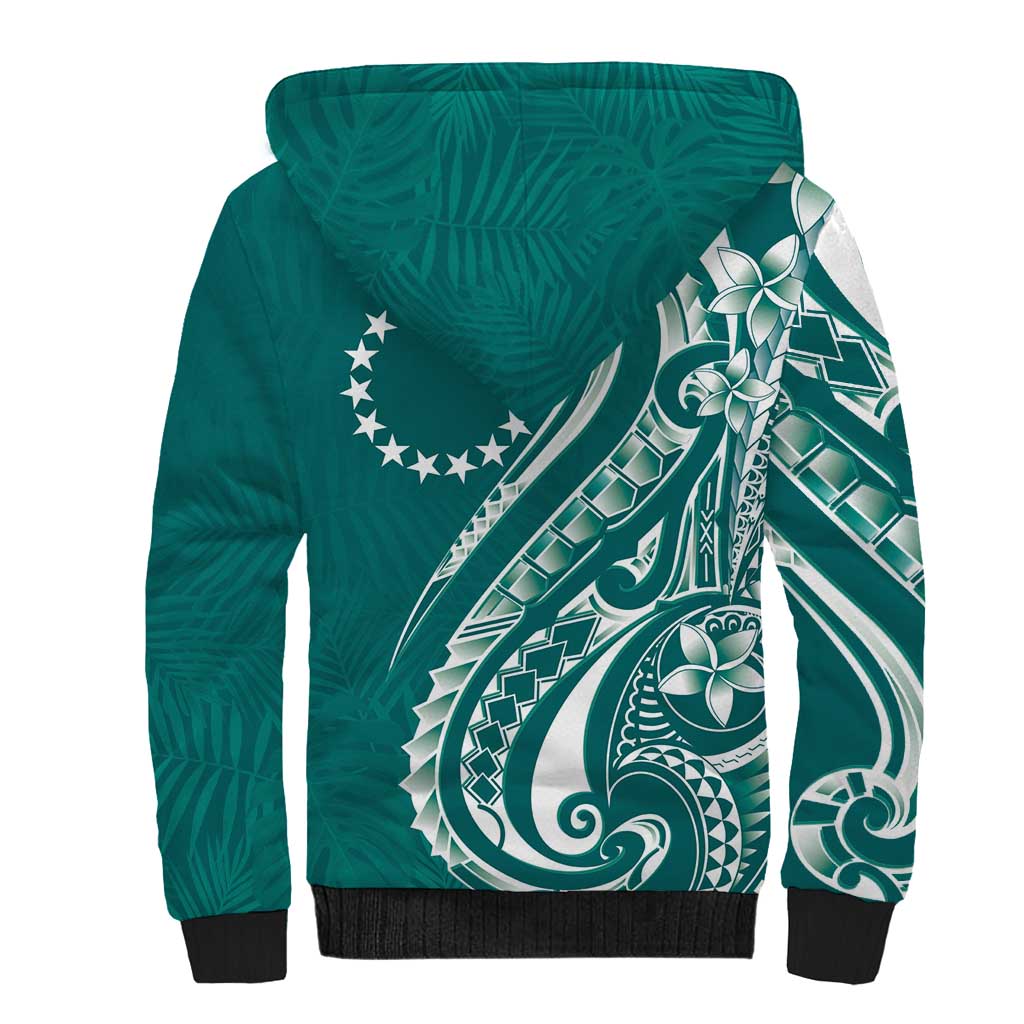 Kia Orana Cook Islands Sherpa Hoodie Teal Plumeria Tropical Waves - Polynesian Pride