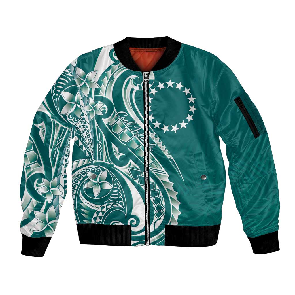 Kia Orana Cook Islands Sleeve Zip Bomber Jacket Teal Plumeria Tropical Waves - Polynesian Pride