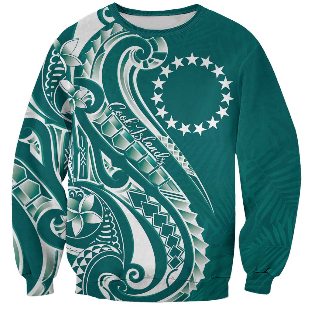 Kia Orana Cook Islands Sweatshirt Teal Plumeria Tropical Waves - Polynesian Pride