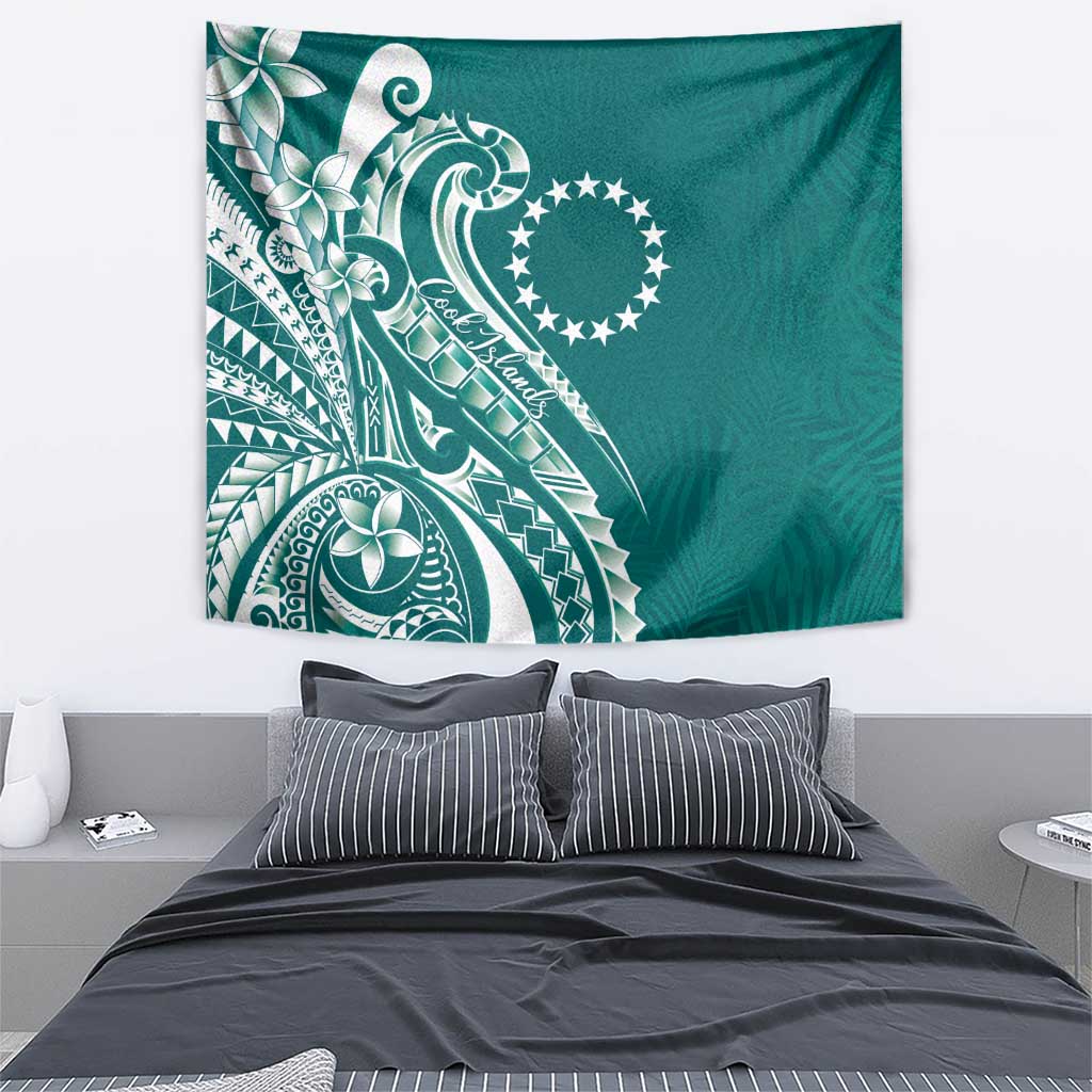 Kia Orana Cook Islands Tapestry Teal Plumeria Tropical Waves - Polynesian Pride