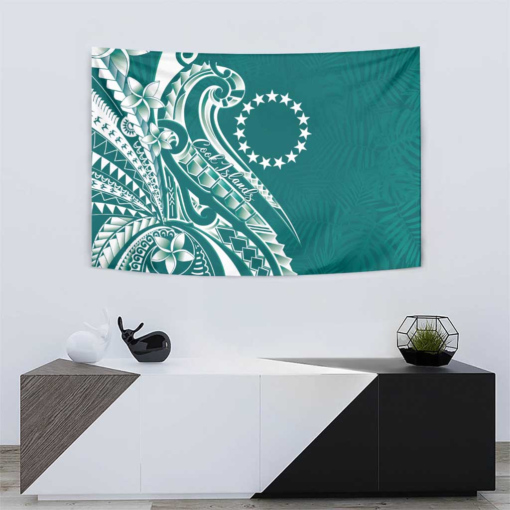 Kia Orana Cook Islands Tapestry Teal Plumeria Tropical Waves - Polynesian Pride