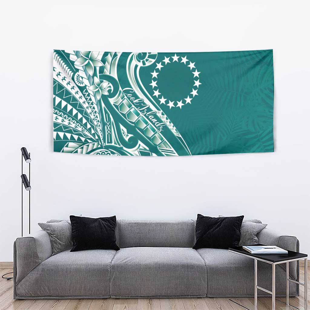 Kia Orana Cook Islands Tapestry Teal Plumeria Tropical Waves - Polynesian Pride
