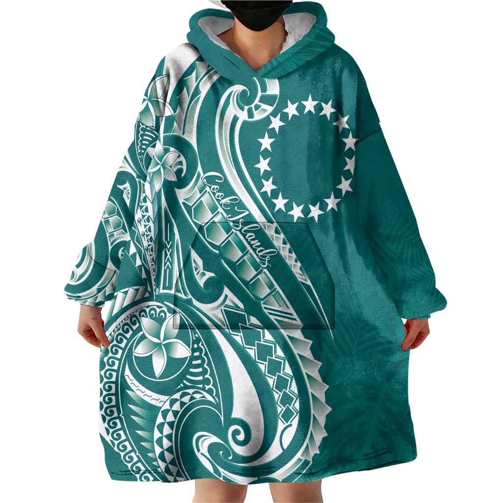 Kia Orana Cook Islands Wearable Blanket Hoodie Teal Plumeria Tropical Waves - Polynesian Pride