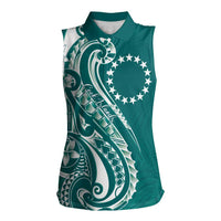Kia Orana Cook Islands Women Sleeveless Polo Shirt Teal Plumeria Tropical Waves - Polynesian Pride