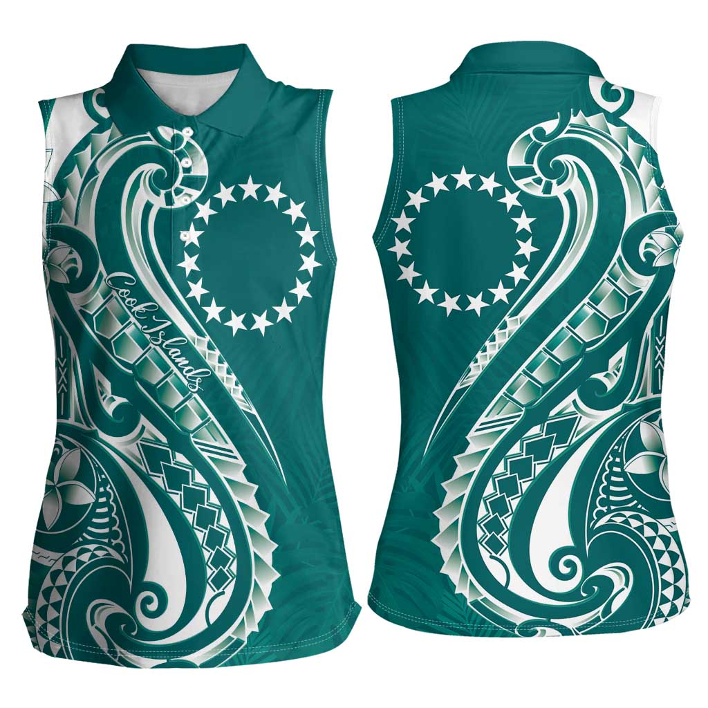 Kia Orana Cook Islands Women Sleeveless Polo Shirt Teal Plumeria Tropical Waves - Polynesian Pride