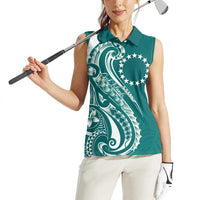 Kia Orana Cook Islands Women Sleeveless Polo Shirt Teal Plumeria Tropical Waves - Polynesian Pride