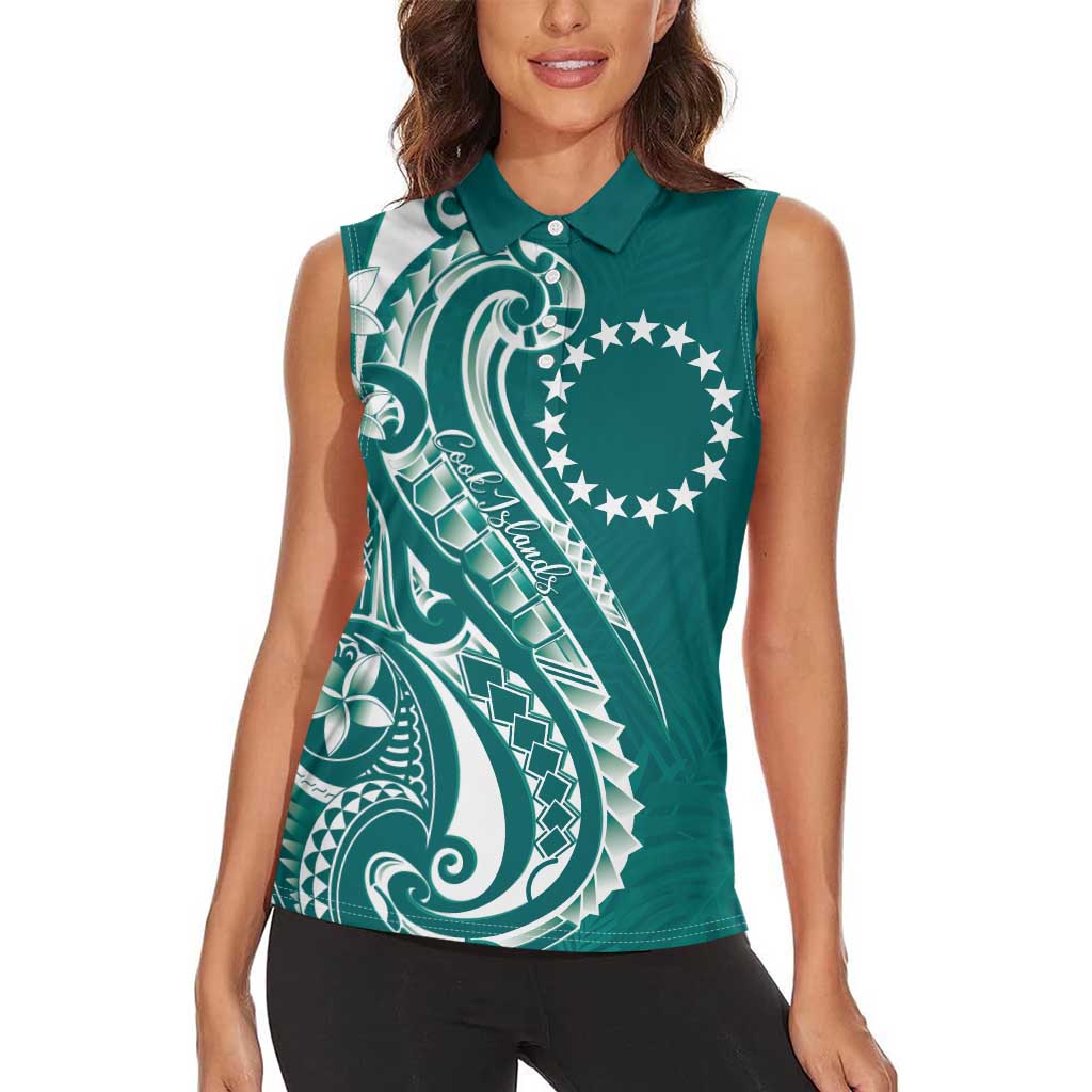 Kia Orana Cook Islands Women Sleeveless Polo Shirt Teal Plumeria Tropical Waves - Polynesian Pride