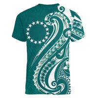 Kia Orana Cook Islands Women V-Neck T-Shirt Teal Plumeria Tropical Waves - Polynesian Pride