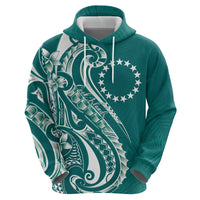Kia Orana Cook Islands Zip Hoodie Teal Plumeria Tropical Waves - Polynesian Pride