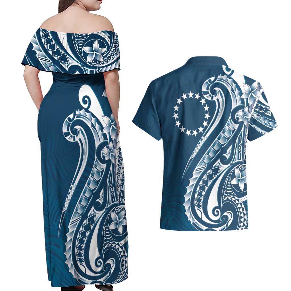 Kia Orana Cook Islands Couples Matching Off Shoulder Maxi Dress and Hawaiian Shirt Auika Plumeria Tropical Waves - Polynesian Pride