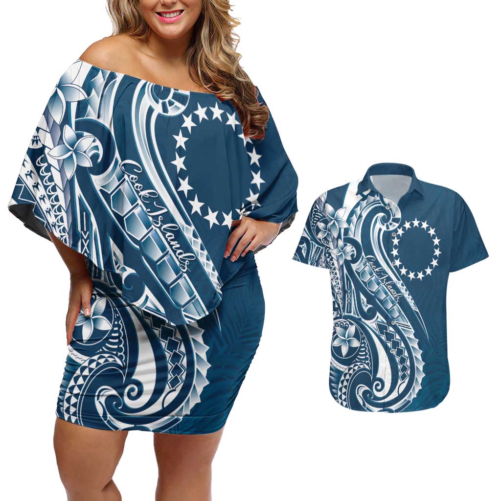 Kia Orana Cook Islands Couples Matching Off Shoulder Short Dress and Hawaiian Shirt Auika Plumeria Tropical Waves - Polynesian Pride