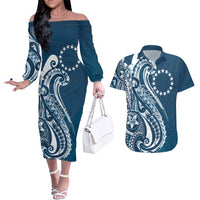 Kia Orana Cook Islands Couples Matching Off The Shoulder Long Sleeve Dress and Hawaiian Shirt Auika Plumeria Tropical Waves - Polynesian Pride