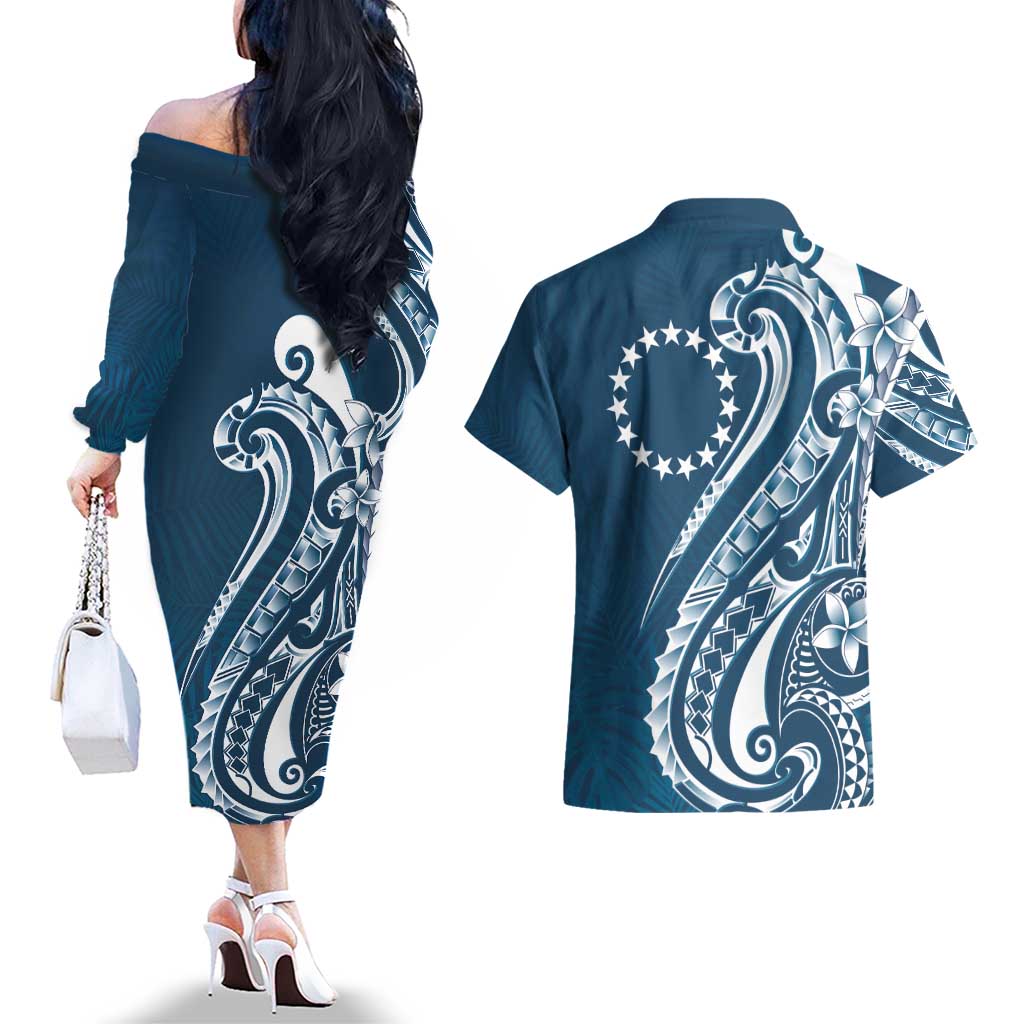Kia Orana Cook Islands Couples Matching Off The Shoulder Long Sleeve Dress and Hawaiian Shirt Auika Plumeria Tropical Waves - Polynesian Pride