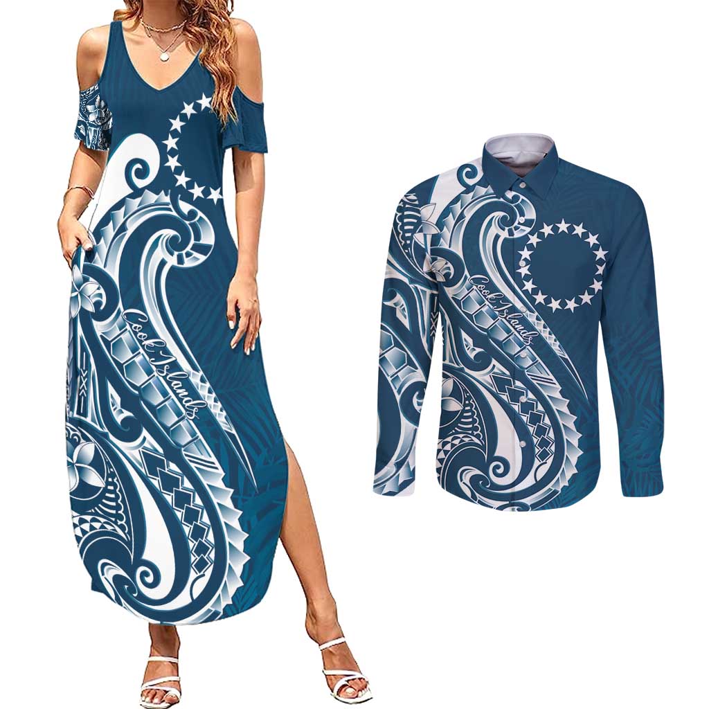 Kia Orana Cook Islands Couples Matching Summer Maxi Dress and Long Sleeve Button Shirt Auika Plumeria Tropical Waves - Polynesian Pride