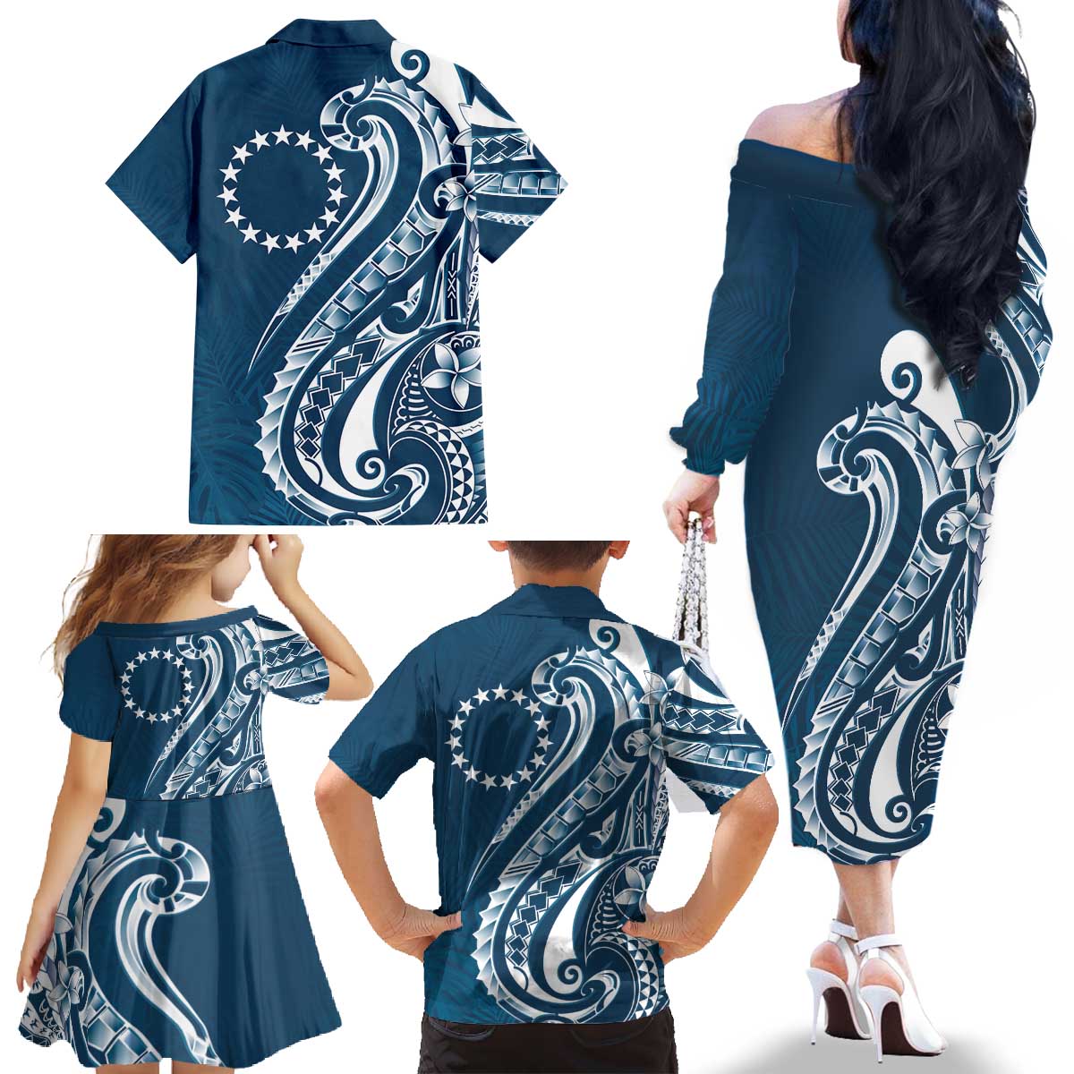 Kia Orana Cook Islands Family Matching Off The Shoulder Long Sleeve Dress and Hawaiian Shirt Auika Plumeria Tropical Waves - Polynesian Pride