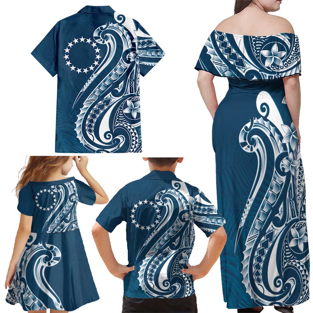 Kia Orana Cook Islands Family Matching Off Shoulder Maxi Dress and Hawaiian Shirt Auika Plumeria Tropical Waves - Polynesian Pride