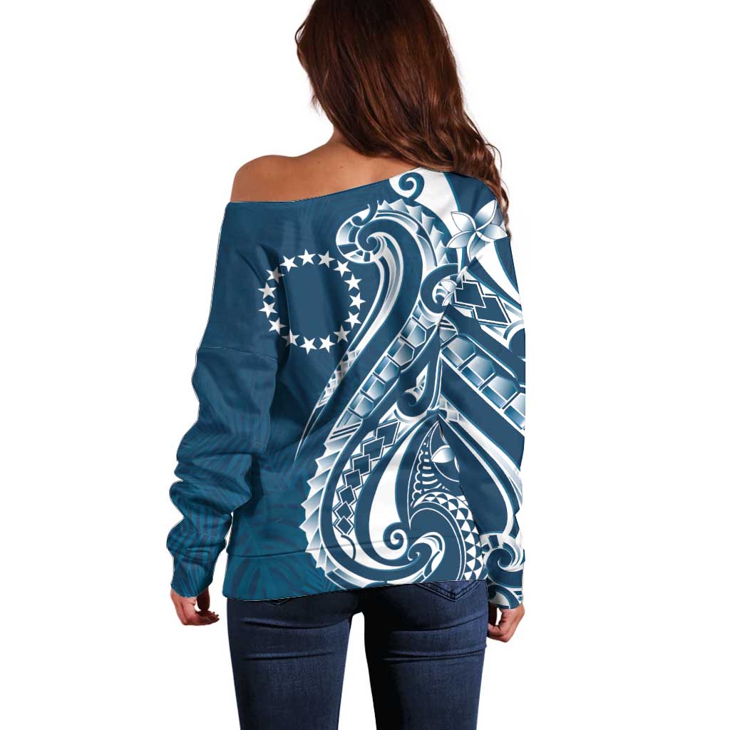 Kia Orana Cook Islands Off Shoulder Sweater Auika Plumeria Tropical Waves - Polynesian Pride
