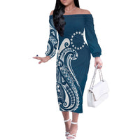 Kia Orana Cook Islands Off The Shoulder Long Sleeve Dress Auika Plumeria Tropical Waves - Polynesian Pride