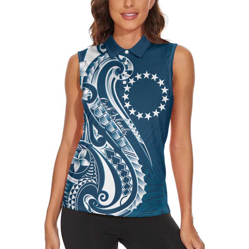 Kia Orana Cook Islands Women Sleeveless Polo Shirt Auika Plumeria Tropical Waves - Polynesian Pride