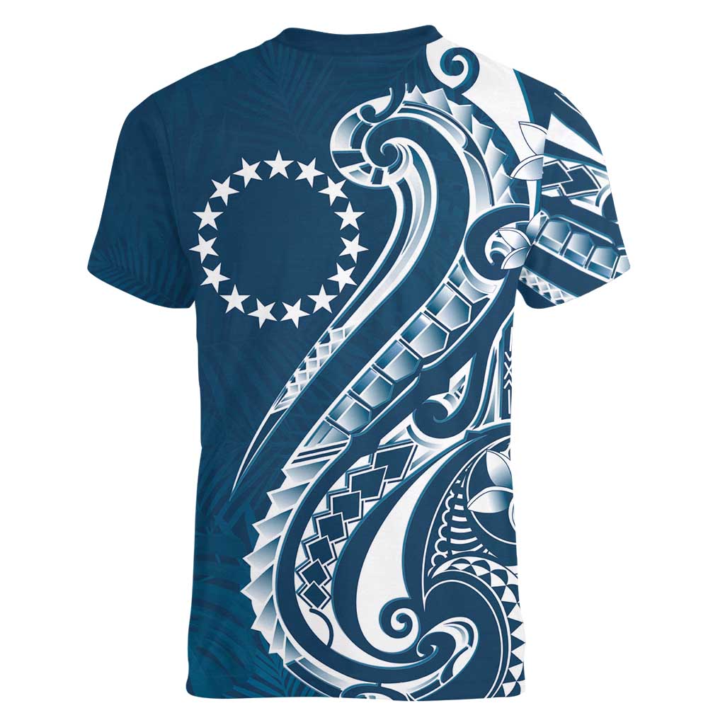 Kia Orana Cook Islands Women V-Neck T-Shirt Auika Plumeria Tropical Waves - Polynesian Pride