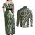 Kia Orana Cook Islands Couples Matching Off Shoulder Maxi Dress and Long Sleeve Button Shirt Matie Plumeria Tropical Waves - Polynesian Pride