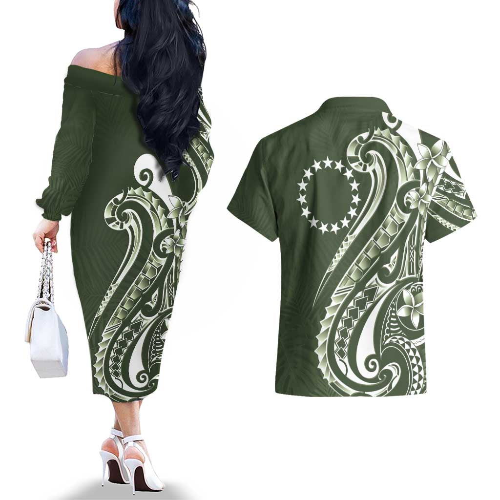 Kia Orana Cook Islands Couples Matching Off The Shoulder Long Sleeve Dress and Hawaiian Shirt Matie Plumeria Tropical Waves - Polynesian Pride
